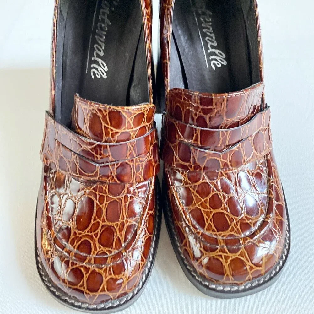 L'Intervalle Brown Croc Print Leather Chunky Heel Loafers 36